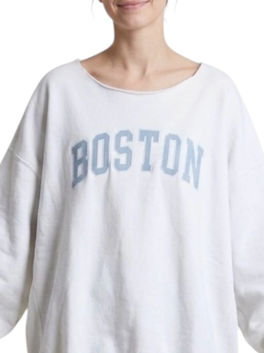RARE Brandy Melville Oversized Boston Sweatshirt Pockets Cut Neck White Blue S M